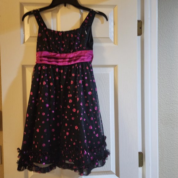 Girls Size 10 Black Dress with Pink Polka Dots by Bloome de Jeune Fille - Picture 1 of 6